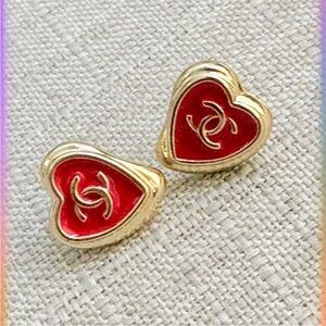 CHANEL Red Heart CC Stud Earrings in Gold Tone